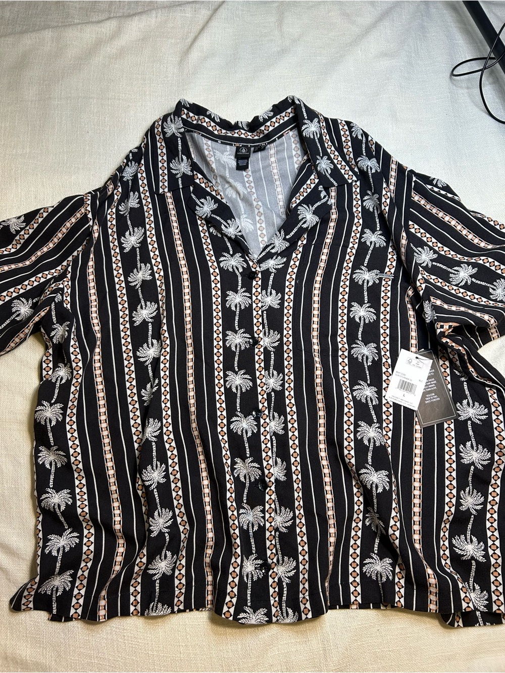 Volcom Women’s L Black White Striped Tropical Collared Button Blouse